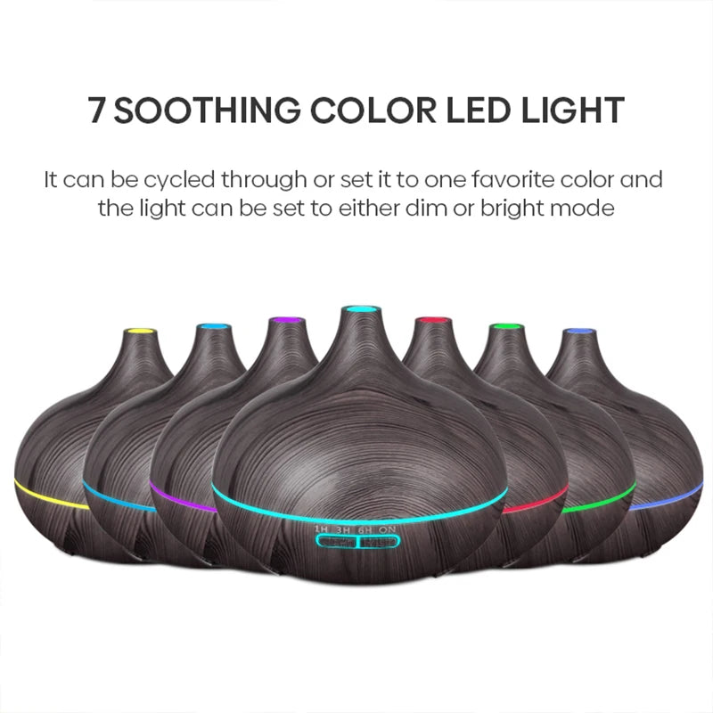 Diffuseur Ultrasonique 500ml Grain de Bois — Télécommande & 7 LED