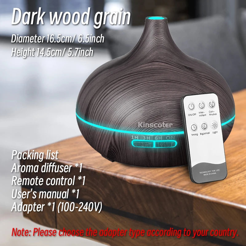 Diffuseur Ultrasonique 500ml Grain de Bois — Télécommande & 7 LED